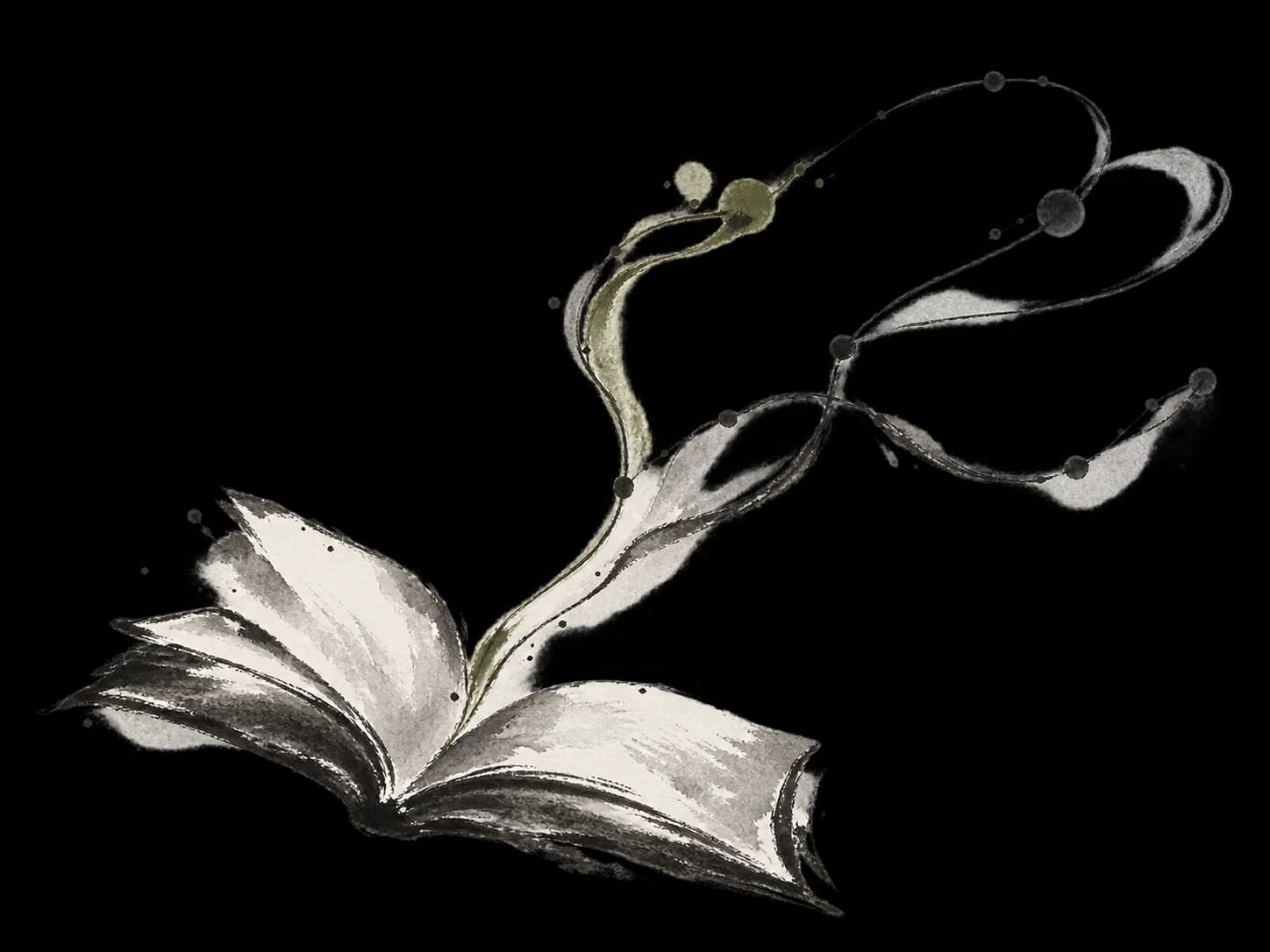 Ink illustration of an open book with branching paths and points of connection rising from its pages.
