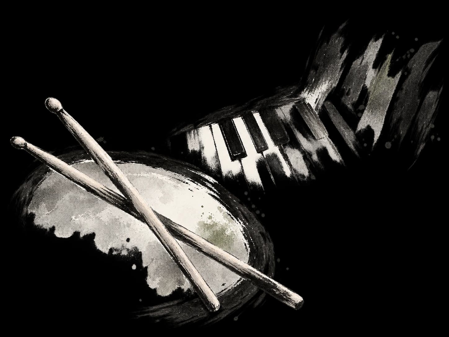 Ink illustration of drumsticks, a practice pad, and piano keys dissolving into rhythmic brushstrokes.