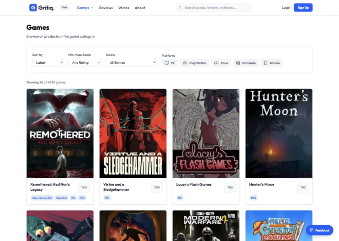 Gritiq’s Games page with sorting, minimum score, genre, and platform controls above a grid of game covers.