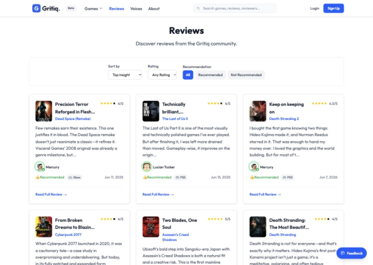 Gritiq’s Reviews page with rating and recommendation filters, review excerpts, and links to the full reviews and their authors.