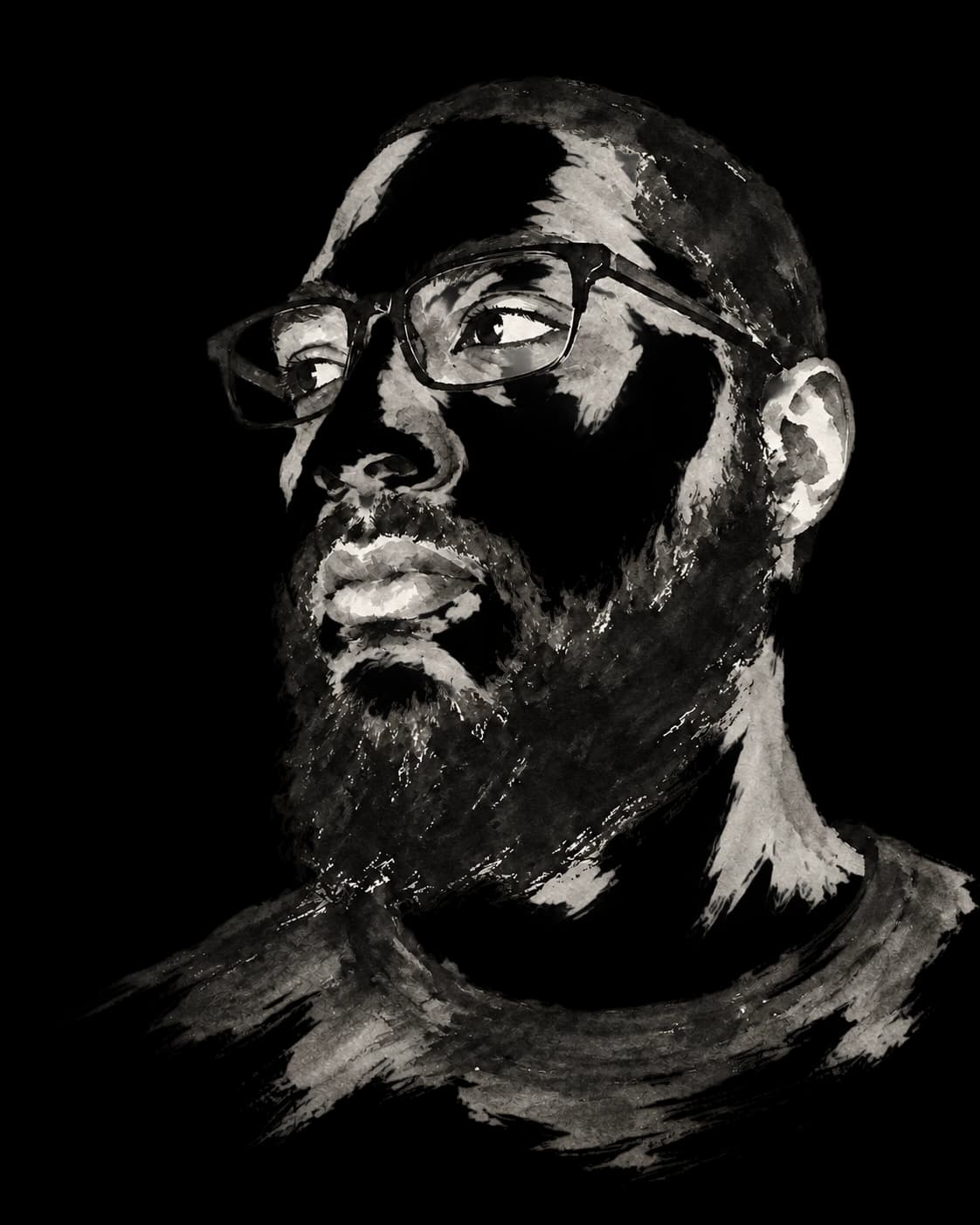 Sumi-e-inspired ink portrait of Lucian Tucker, wearing glasses and looking upward.